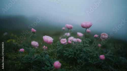 a field filled with lots of pink flowers on top of a lush green field covered in foggy weather clouds. photo