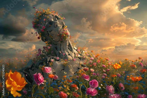 A surreal scene depicting a field of vibrant flowers blooming around a broken human sculpture, symbolizing life emerging from adversity photo