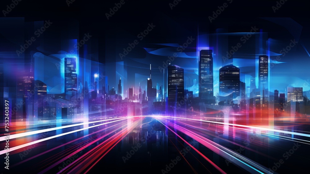 Vector illustration of an abstract night city background with light trails.