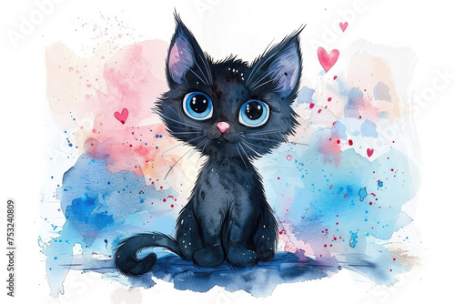 Cute black watercolor cat, with pink bow. Cartoon vector Illustration isolated on white background