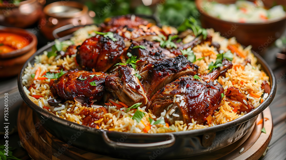 mandi feast with tender roasted meat and fragrant rice - obrazy, fototapety, plakaty 