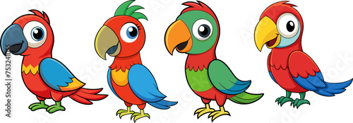 Cute Parrot Birds Vector Illustration Set - 4 Elements with Transparent Background, Colorful Avian Graphics, Tropical Exotic Feathered Friends for Creative Designs and Decorative Art Projects