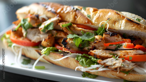 Grilled chicken banh mi sandwich on plate photo
