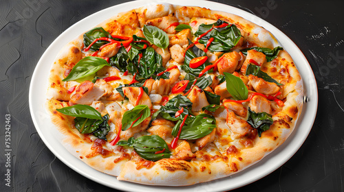Fresh chicken spinach pizza on dark table