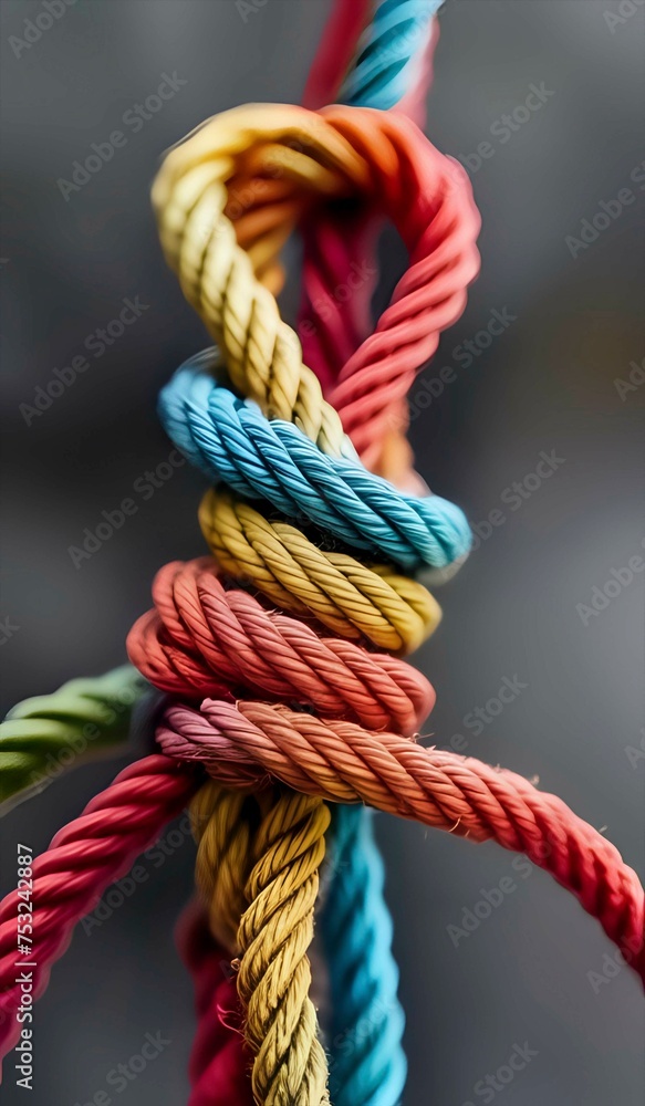 Colorful rope tied in knots representing strength and diversity. Colorful rope tied in knots representing strength and diversity.