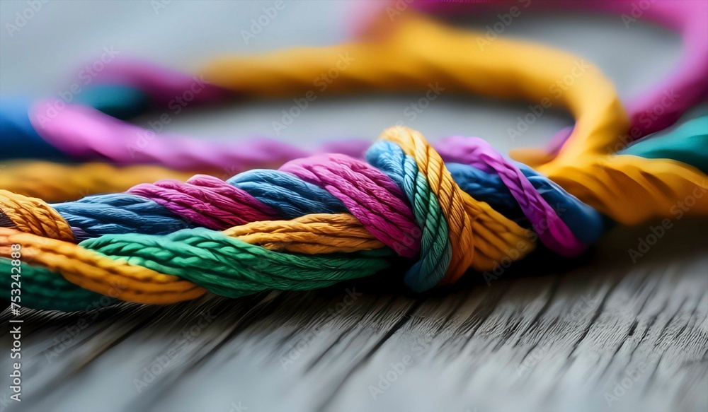 Colorful rope tied in knots representing strength and diversity. Colorful rope tied in knots representing strength and diversity.