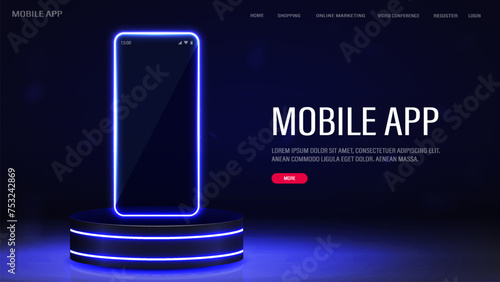 A web banner with a glass smartphone on the podium in a neon frame on a blue background. A concept for a phone app.