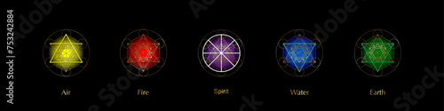 five elements icons and Magic Spirit symbol, Gold round symbols set template. Air, fire, water, earth four symbol. Pictograph Alchemy signs isolated on black background. Colorful vector elements