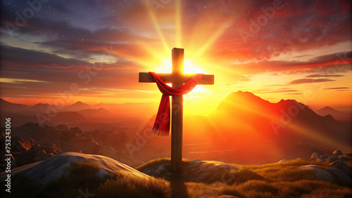Sunset Christian cross with a red scarf tied to it, easter religious background blue sky.The cross at sunset: a symbol of hope.Easter Cross: the bright colors of faith.A red scarf on a cross: a symbol