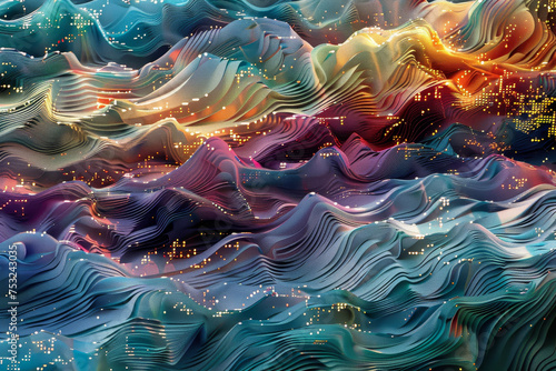 A digital dreamscape--waves of pixelated light cascade downward.
