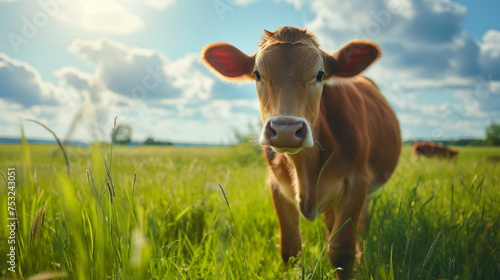 Cheerful cow with an open mouth stands in a sunlit field, a playful expression on its face against a backdrop of blue skies and fluffy clouds