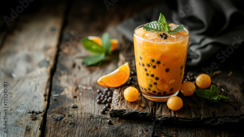 Product shoot, Pearls of Flavor: Taiwan boba milk tea with bubble on wood table.
