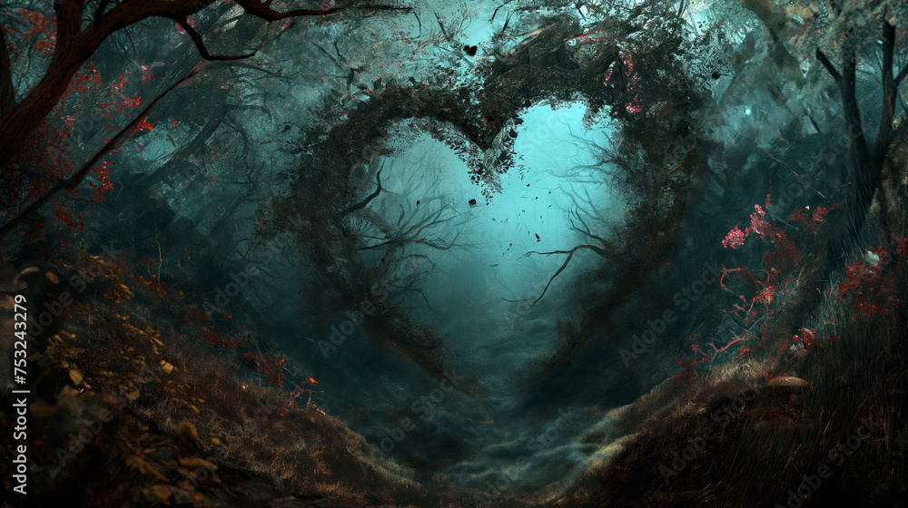 Enchanted glowing heart-shaped tree with flowers in a mystical forest, floating red hearts, and ethereal fog - obrazy, fototapety, plakaty 