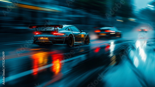 Sport car motion blur of race between two cars in blue hour, rain with lights on road. Sport car on wet asphalt, high speed