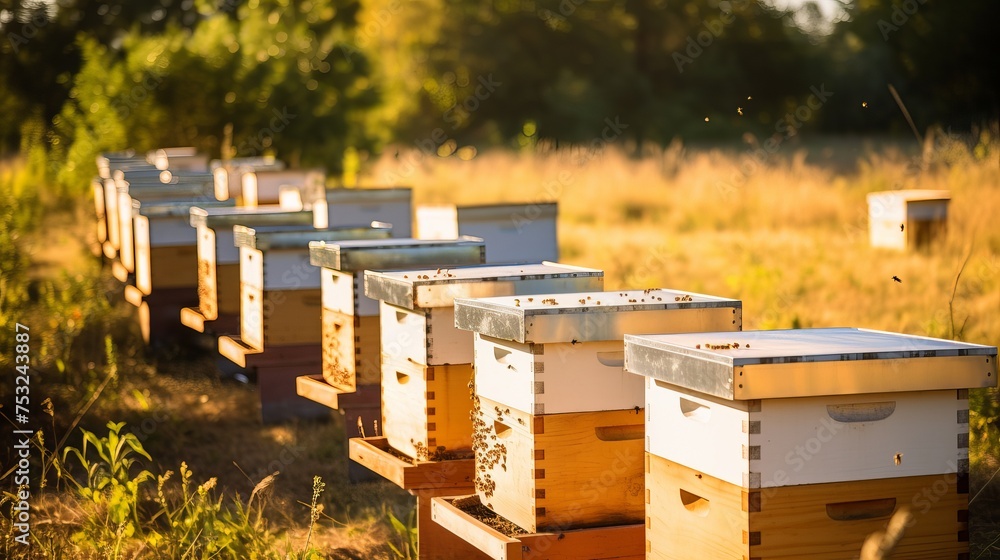 Witness the array of bee hives nestled in the apiary, serving as the heart of honey production. Witness the array of bee hives nestled in the apiary, serving as the heart of honey production.
