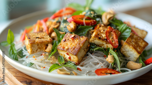 Fresh asian tofu salad with rice noodles photo