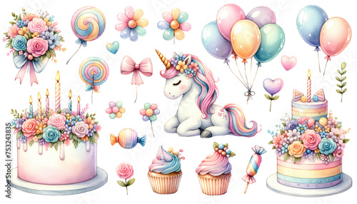 Watercolor birthday clipart. Unicorn rainbow clipart