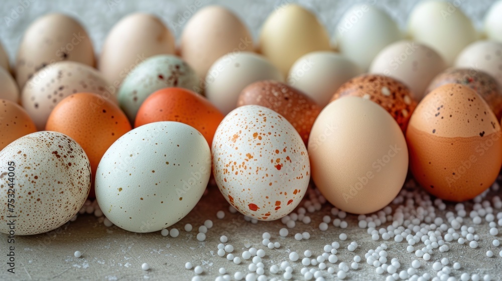 a group of eggs sitting next to each other on top of a bed of white and brown speckled eggs. a group of eggs sitting next to each other on top of a bed of white and brown speckled eggs.