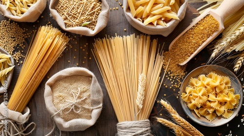 Assorted raw pasta varieties on rustic wooden background. Traditional Italian pasta types for culinary delights. Bulk raw pasta and grains for healthy cooking and nutrition.