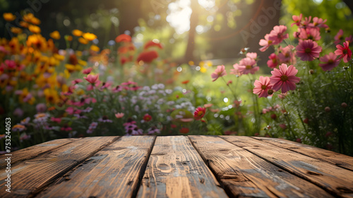 Wooden table with a blurred background of a vibrant flower garden. Spring and nature concept. Design for garden blogs, outdoor product advertisement with copy space. Flat lay composition of a tabletop #753244053