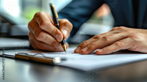A business person signing contract at a desk with a pen and papers