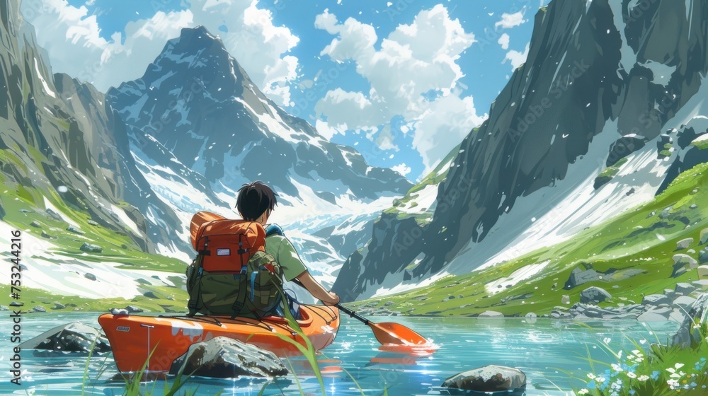 a man riding a kayak on top of a river next to a lush green hillside covered in snow covered mountains.