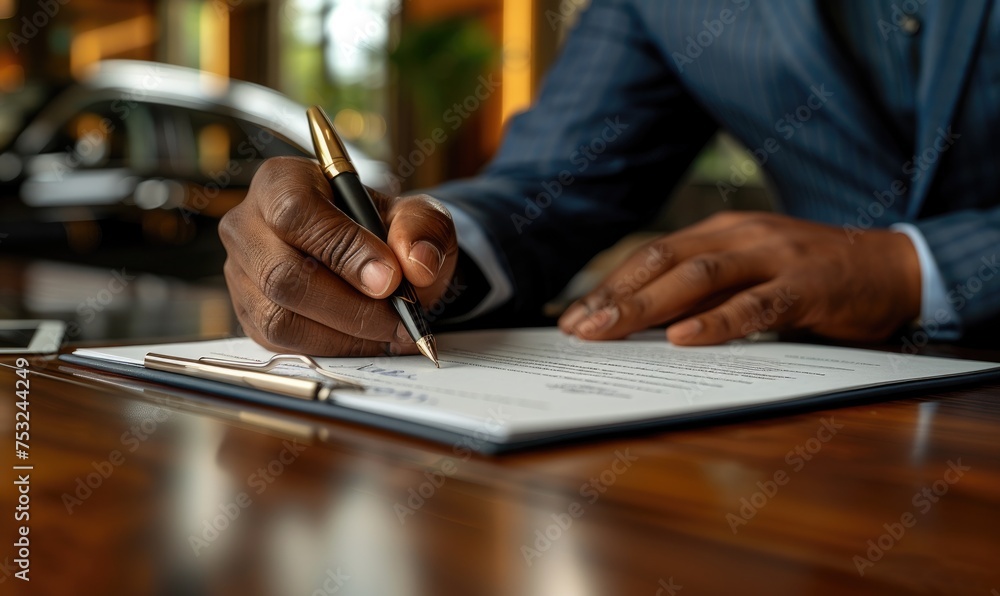 A business person signing contract at a desk with a pen and papers A business person signing contract at a desk with a pen and papers