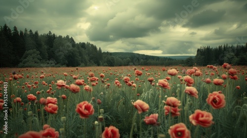 a field filled with lots of red flowers under a cloudy sky with a forest in the background.