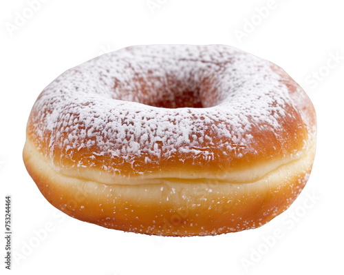 A powdered donut sits on a white background