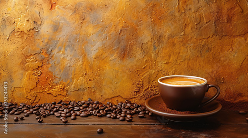 Cup of hot espresso and coffee beans on orange background