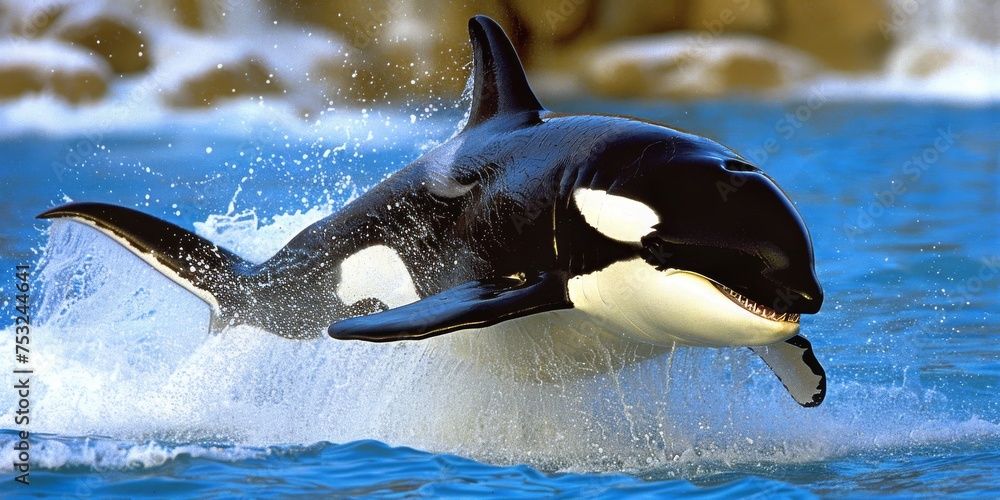 Fototapeta premium An Orca Emerges, Splendid and Majestic, Amidst a Sprinkling of Water Droplets, Capturing the Essence of the Oceans Grandeur, Generative AI