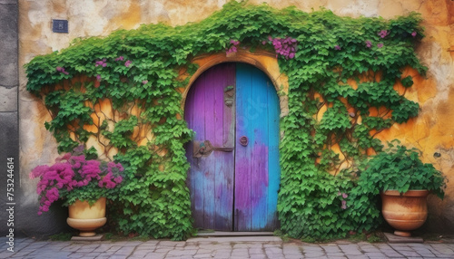 Blue and purple door surrounded by green ivy and plants.