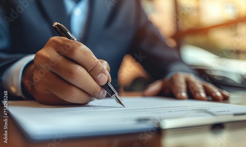 A business person signing contract at a desk with a pen and papers