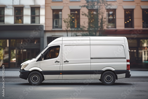 Side view white cargo van on city delivery duty, city street backdrop © Pics_With_Love