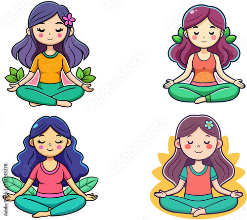 4 set of cartoon style illustration of cute woman in meditation poses sticker vector illustration