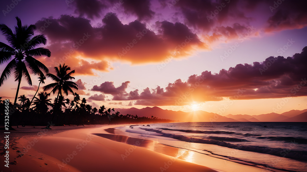 Envision a tropical beach at sunset, where the sky is painted in warm hues of orange, pink, and purple. Palm trees cast long shadows on the sand, and the gentle waves catch the colors of the setting