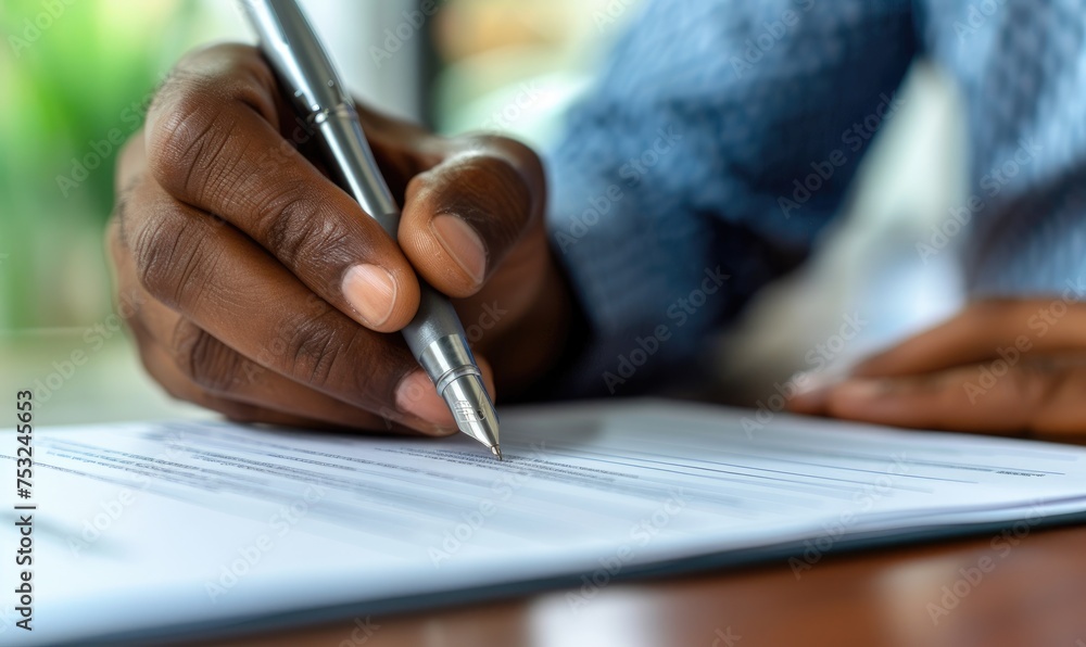 A business person signing contract at a desk with a pen and papers A business person signing contract at a desk with a pen and papers
