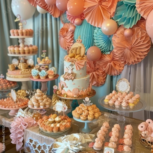The dessert table at this baby shower is garnished with a myriad of exquisite sweets and an artfully decorated cake. Sweet table.