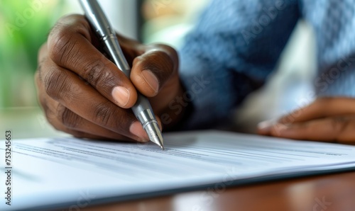 A business person signing contract at a desk with a pen and papers