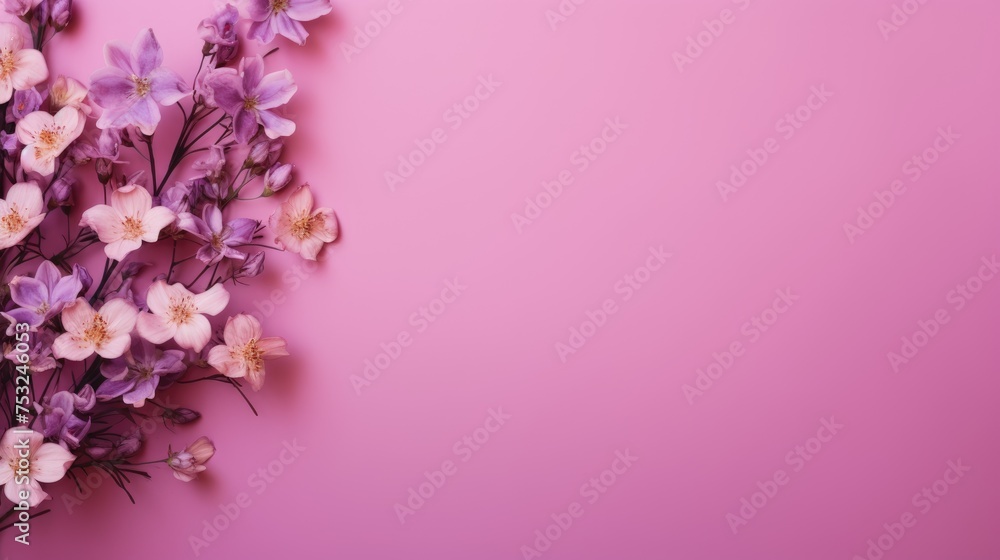 Beautiful delicate purple flowers on a purple background. Abstract layout of a colored frame with space for text. An invitation to a wedding. The concept of International Women's Day, Mother's Day.