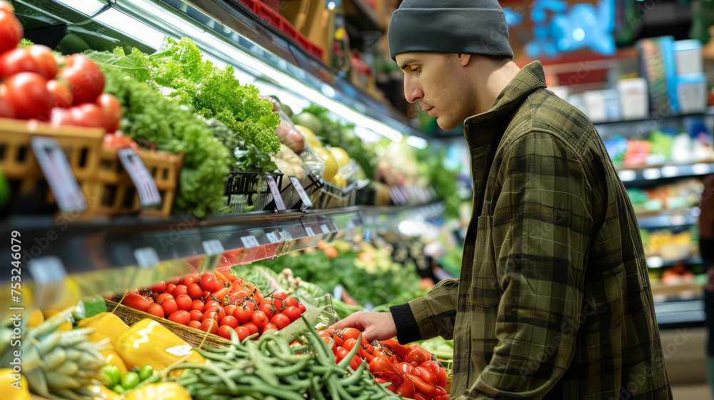 Man at grocery store buy vegetables