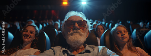 Grandfather with his grandchildren having fun at a movie