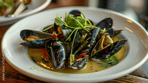 Fresh mussels in herb broth on elegant white plate