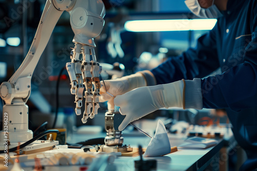 A robot is being operated by a person wearing gloves. The robot has a human-like hand and is being used to perform a task. The scene is set in a laboratory or workshop