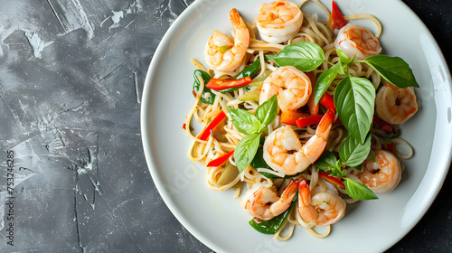 Fresh shrimp pasta with basil and vegetables