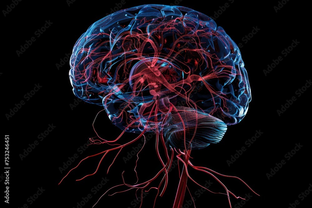 A brain with red and blue veins. The brain is shown in a 3D image A brain with red and blue veins. The brain is shown in a 3D image
