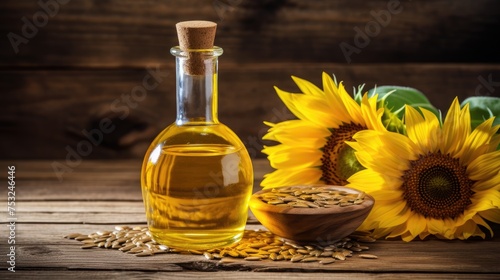 Sunflowers and seeds on a wooden background next to sunflower oil in a glass jar. Healthy foods and fats. Healthy eating.