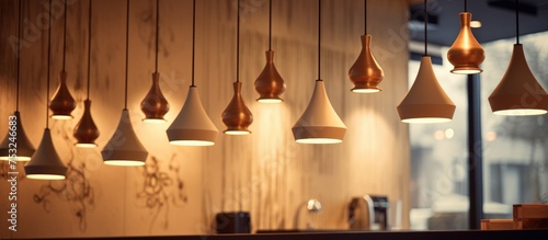 Coffee shop interior design with closeup lighting and hanging decorations photo