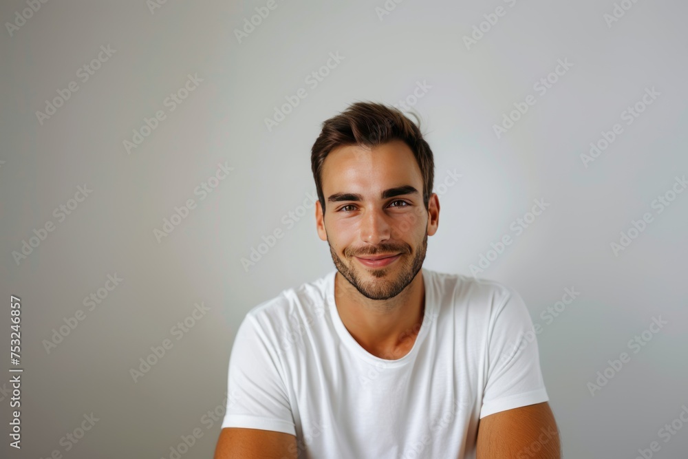 A man with a white shirt and a beard is smiling. He is looking at the camera. Concept of happiness and confidence A man with a white shirt and a beard is smiling. He is looking at the camera. Concept of happiness and confidence