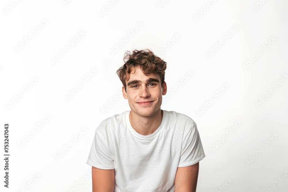 A young man is smiling and wearing a white shirt. He is sitting on a white background. Concept of happiness and positivity A young man is smiling and wearing a white shirt. He is sitting on a white background. Concept of happiness and positivity